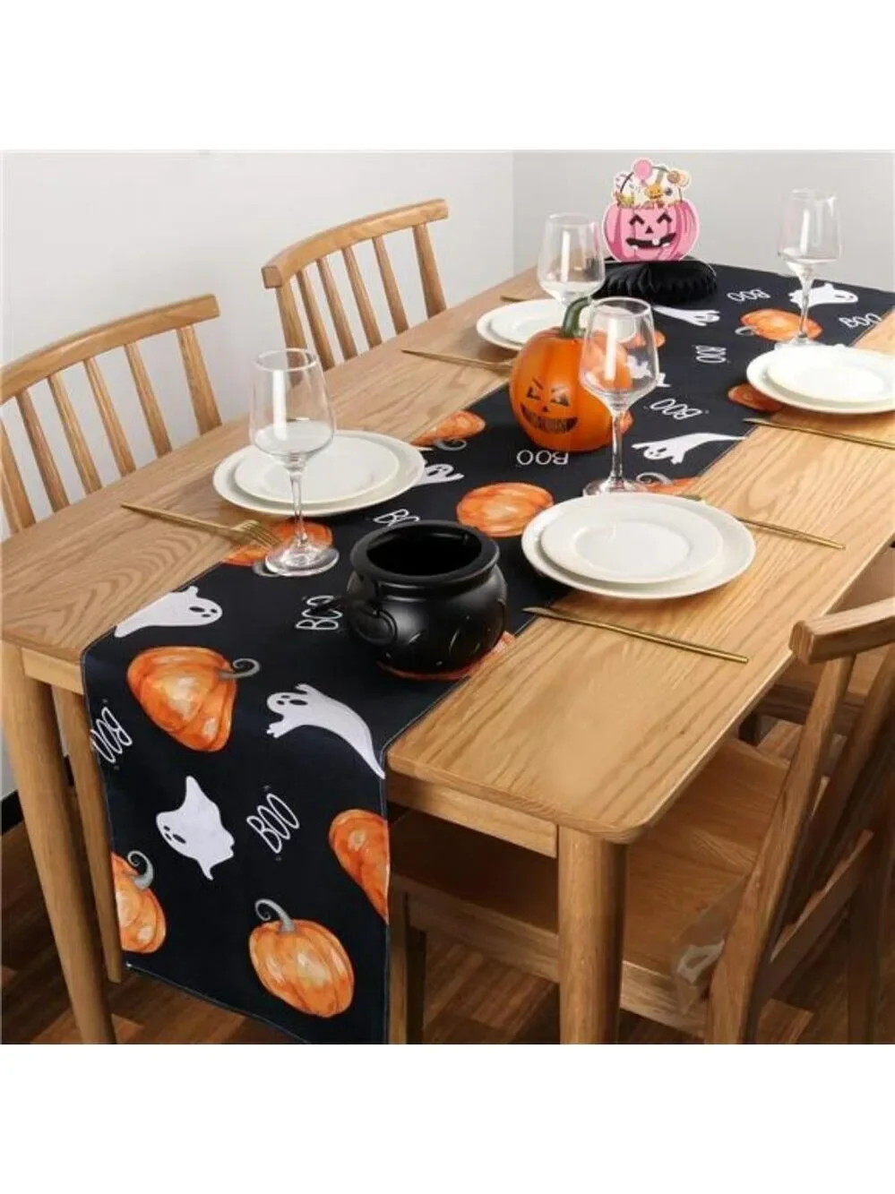 Halloween table runner ghost pumpkin black holiday party dining room decor 72 in